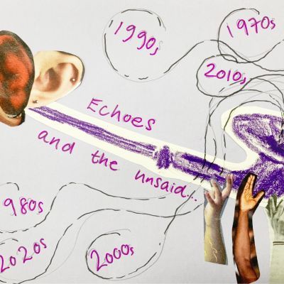 Drawing of three ears looped to an instrument held up by multiple hands